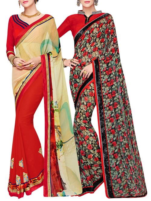 set of 2 multicolor georgette printed saree combo with blouse - 14910430 - Very Small Image - 1