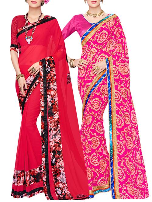 set of 2 multicolor georgette printed saree combo with blouse - 14910435 - Very Small Image - 1