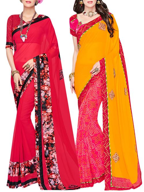 set of 2 multicolor georgette printed saree combo with blouse - 14910436 - Very Small Image - 1