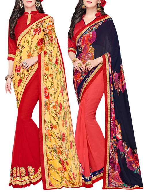 set of 2 multicolor georgette printed saree combo with blouse - 14910439 - Very Small Image - 1