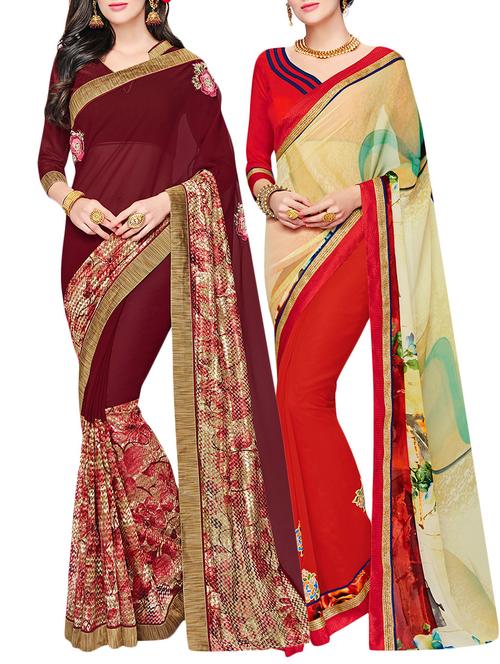 set of 2 multicolor georgette printed saree combo with blouse - 14910444 - Very Small Image - 1