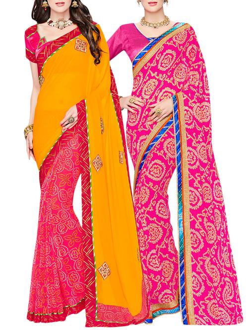 set of 2 multicolor georgette printed saree combo with blouse - 14910446 - Very Small Image - 1