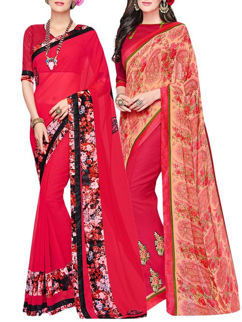 set of 2 multicolor georgette printed saree combo with blouse - 14910451 - Very Small Image - 1