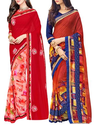 set of 2 multicolor georgette printed saree combo with blouse - 14910453 - Very Small Image - 1