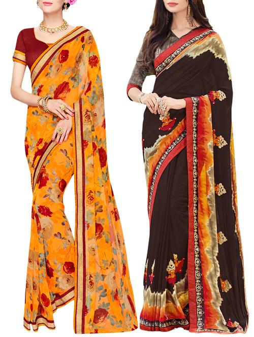 set of 2 multicolor georgette printed saree combo with blouse - 14910457 - Very Small Image - 1