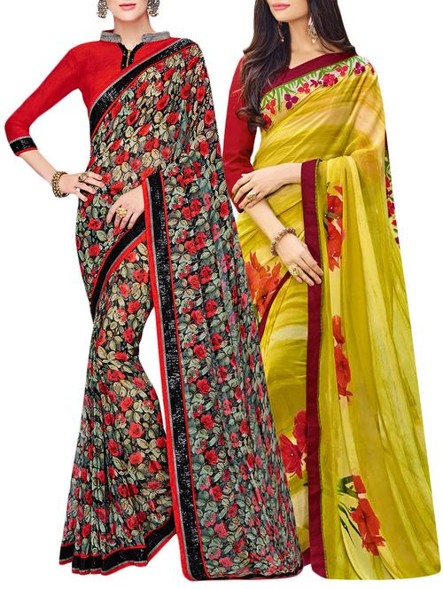 set of 2 multicolor georgette printed saree combo with blouse - 14910458 - Very Small Image - 1