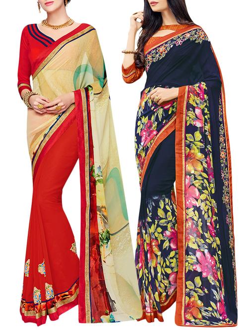 set of 2 multicolor georgette printed saree comb with blouse - 14910459 - Very Small Image - 1