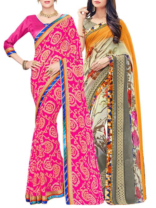 set of 2 multicolor georgette printed saree combo with blouse - 14910469 - Very Small Image - 1