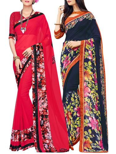 set of 2 multicolor georgette printed saree combo with blouse - 14910470 - Very Small Image - 1