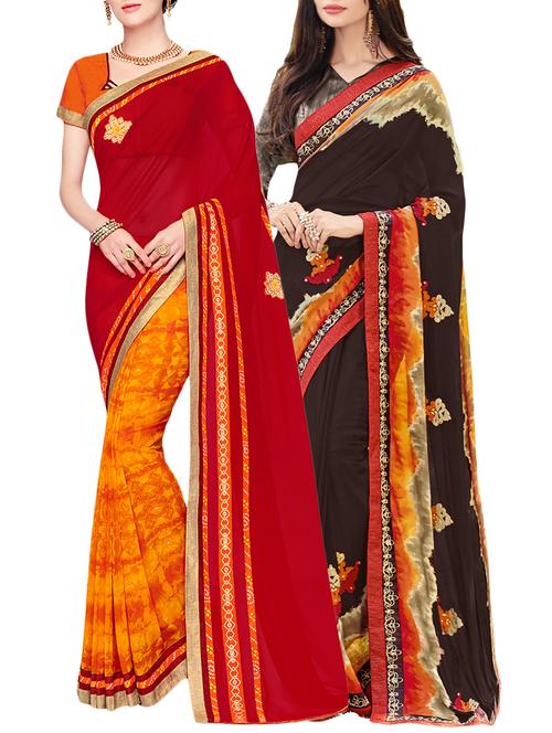 set of 2 multicolor georgette printed saree combo with blouse - 14910471 - Very Small Image - 1