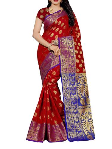 red cotton silk banarasi saree with blouse - 14910533 - Very Small Image - 1