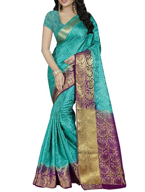 turquoise otton silk woven saree with blouse - 14910546 - Very Small Image - 1