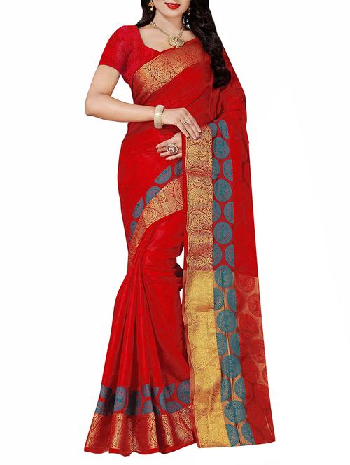 red cotton silk woven saree with blouse - 14910550 - Very Small Image - 1