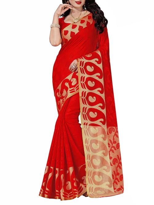 red cotton silk woven saree with blouse - 14910569 - Very Small Image - 1