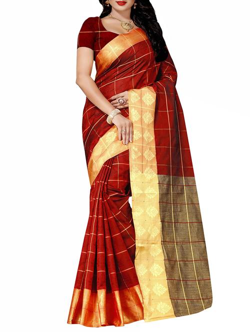 red cotton silk woven saree with blouse - 14910575 - Very Small Image - 1