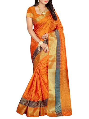 orange cotton silk woven saree with blouse - 14910585 - Very Small Image - 1