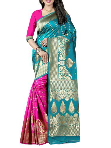 turquoise cotton silk banarasi saree with blouse - 14910597 - Very Small Image - 1