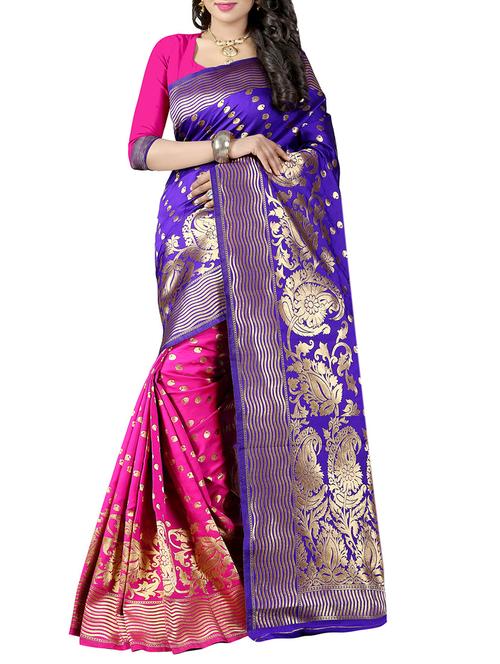 blue cotton silk banarasi saree with blouse - 14910608 - Very Small Image - 1