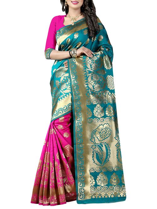 turquoise cotton silk banarasi saree with blouse - 14910621 - Very Small Image - 1