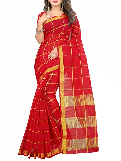 red cotton silk woven saree with blouse - 14910629 - Standard Image - 1