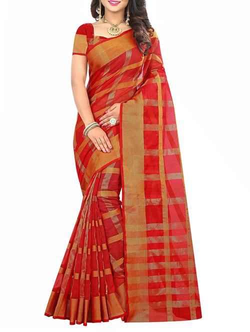 red cotton silk woven saree with blouse - 14910640 - Standard Image - 1