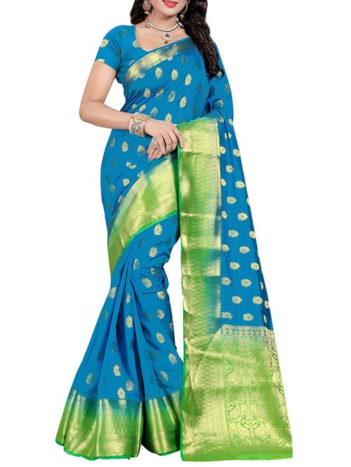 sky blue cotton silk banarasi saree with blouse - 14910648 - Very Small Image - 1