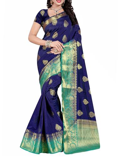 navy blue cotton silk banarasi saree with blouse - 14910659 - Very Small Image - 1