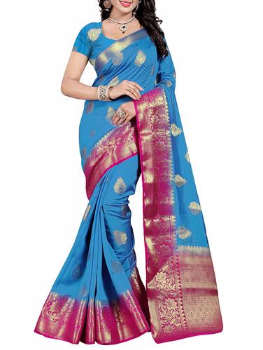 sky blue cotton silk banarasi saree with blouse - 14910660 - Very Small Image - 1