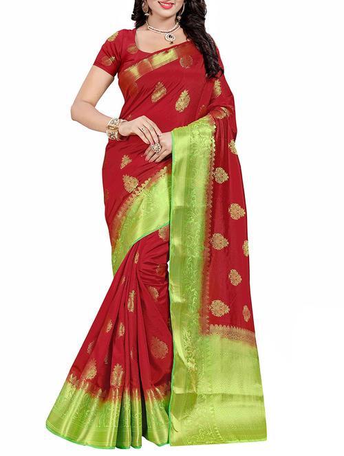 red cotton silk banarasi saree with blouse - 14910662 - Very Small Image - 1