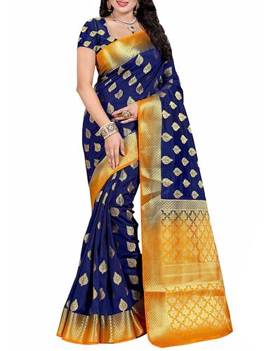 blue cotton silk banarasi saree with blouse - 14910664 - Very Small Image - 1