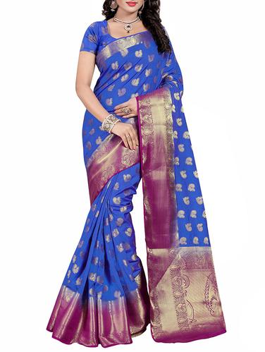 blue cotton silk banarasi saree with blouse - 14910669 - Very Small Image - 1