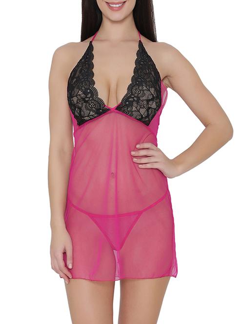 pink lace babydoll with thong - 14911374 - Standard Image - 1