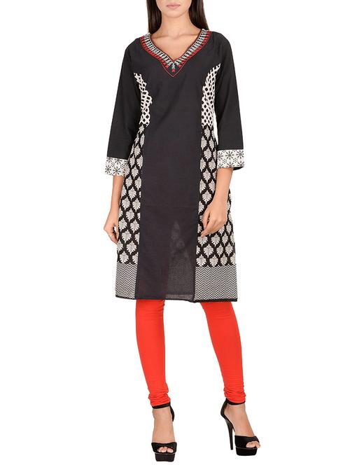 black cotton straight kurta - 14911396 - Standard Image - 1