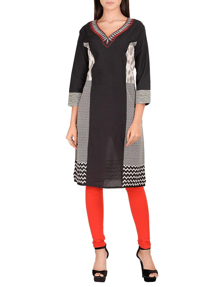 black cotton straight kurta - 14911399 - Zoom Image - 1