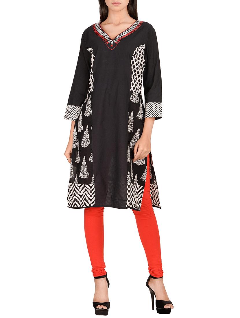black cotton straight kurta - 14911400 - Zoom Image - 1