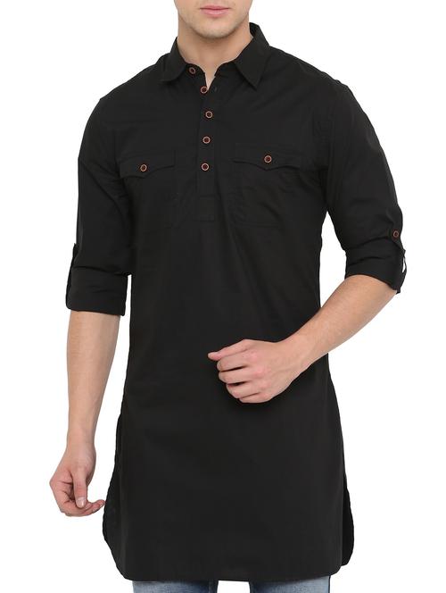 black cotton pathani kurta - 14911887 - Standard Image - 1