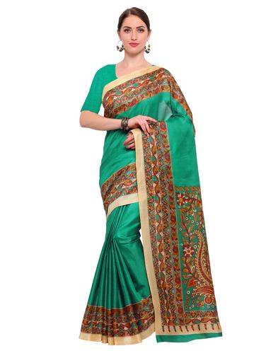 turquoise art silk printed saree with blouse - 14912304 - Very Small Image - 1