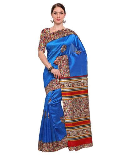 blue raw silk printed saree with blouse - 14912310 - Very Small Image - 1