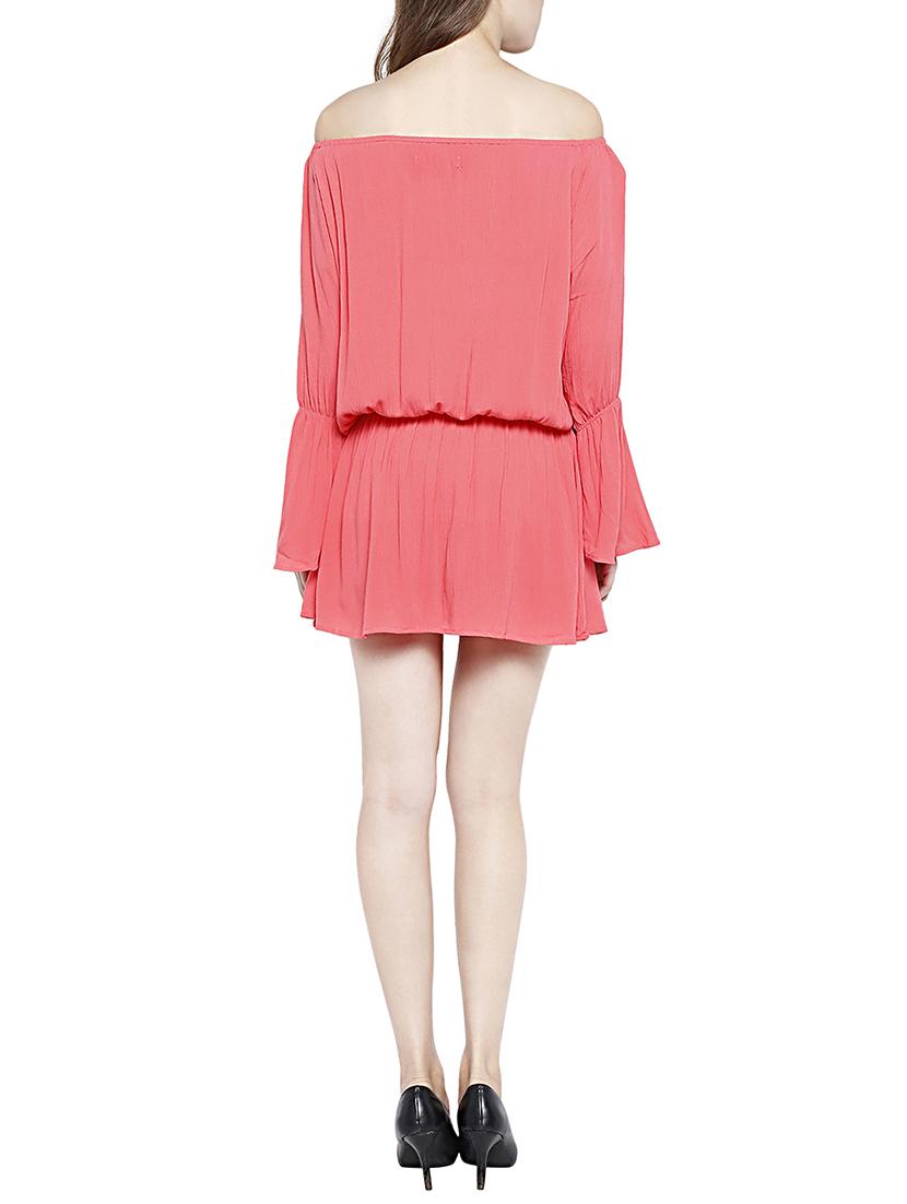 pink solid off shoulder blouson dress - 14912478 - Zoom Image - 3