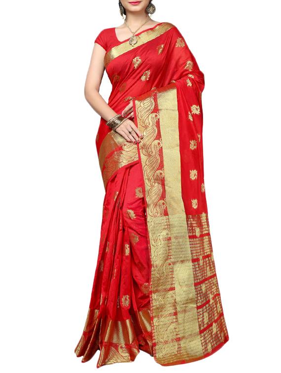red cotton silk banarasi saree with blouse - 14913128 - Zoom Image - 1