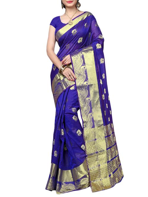 blue cotton silk banarasi saree with blouse - 14913130 - Standard Image - 1
