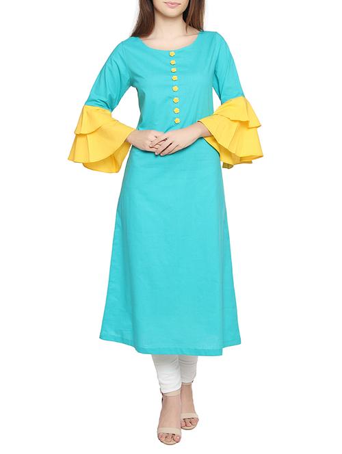 Blue cotton a-line solid kurta - 14913745 - Very Small Image - 1