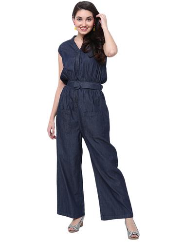 navy blue cotton full leg jumpsuit - 14914031 - Very Small Image - 1