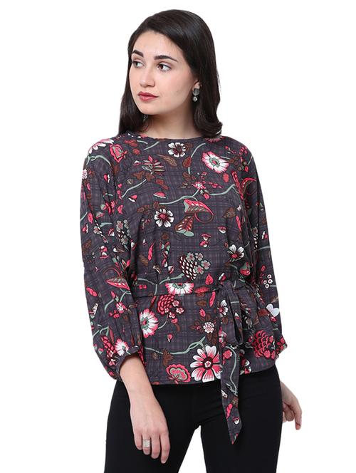 floral boat neck belted top - 14914050 - Very Small Image - 1