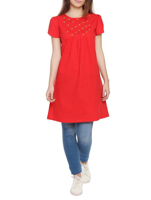 Red solid a-line cotton tunic - 14914396 - Very Small Image - 1