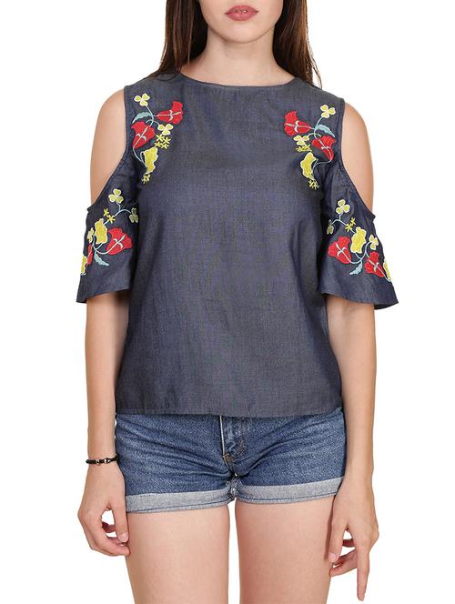 dark blue denim cold shoulder top - 14914789 - Standard Image - 1