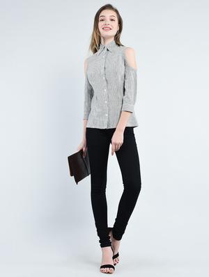 grey striped cold shoulder shirt - 14914867 - Standard Image - 4