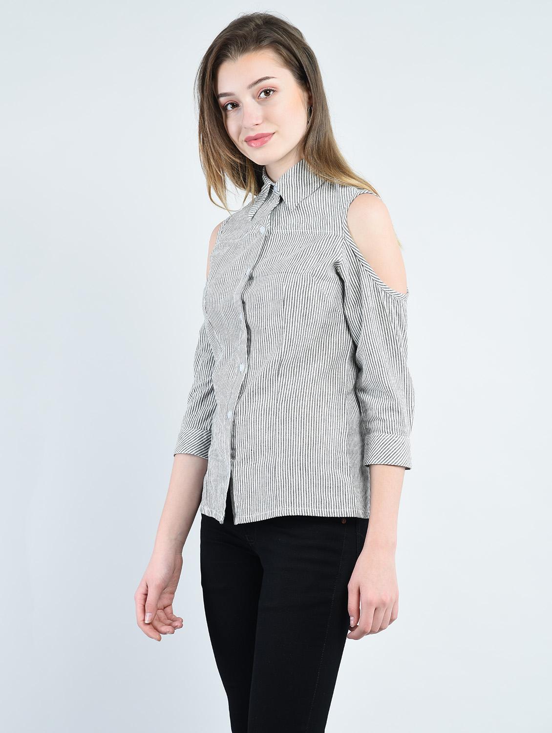 grey striped cold shoulder shirt - 14914867 - Zoom Image - 2