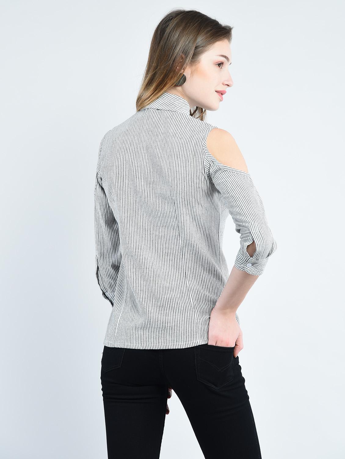 grey striped cold shoulder shirt - 14914867 - Zoom Image - 3