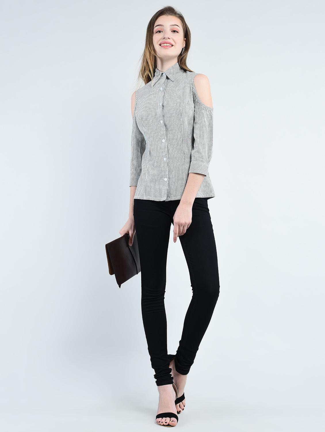 grey striped cold shoulder shirt - 14914867 - Zoom Image - 4